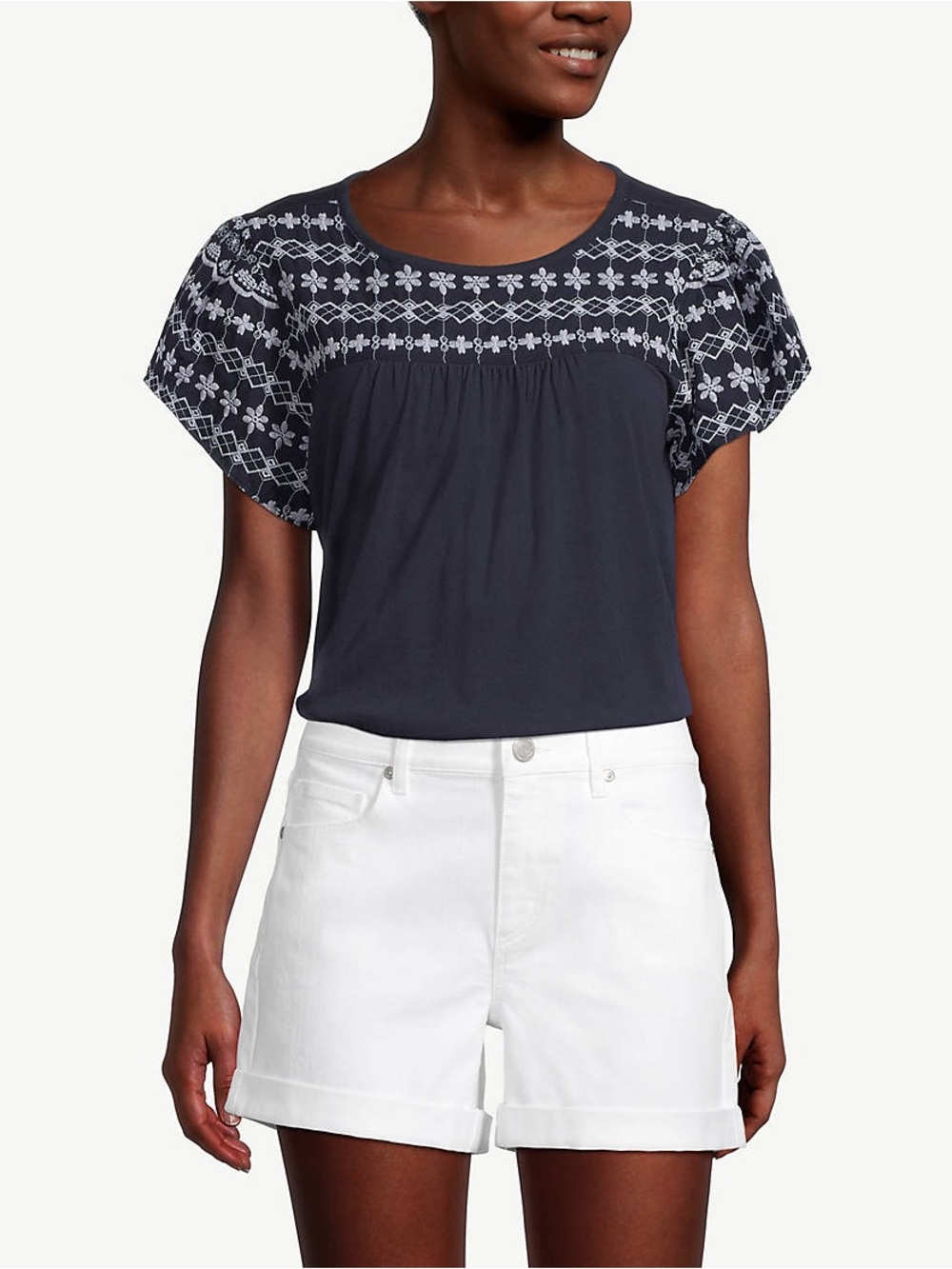 **NWT** Loft Embroidered Navy Short-Sleeve Women’s Top Size M